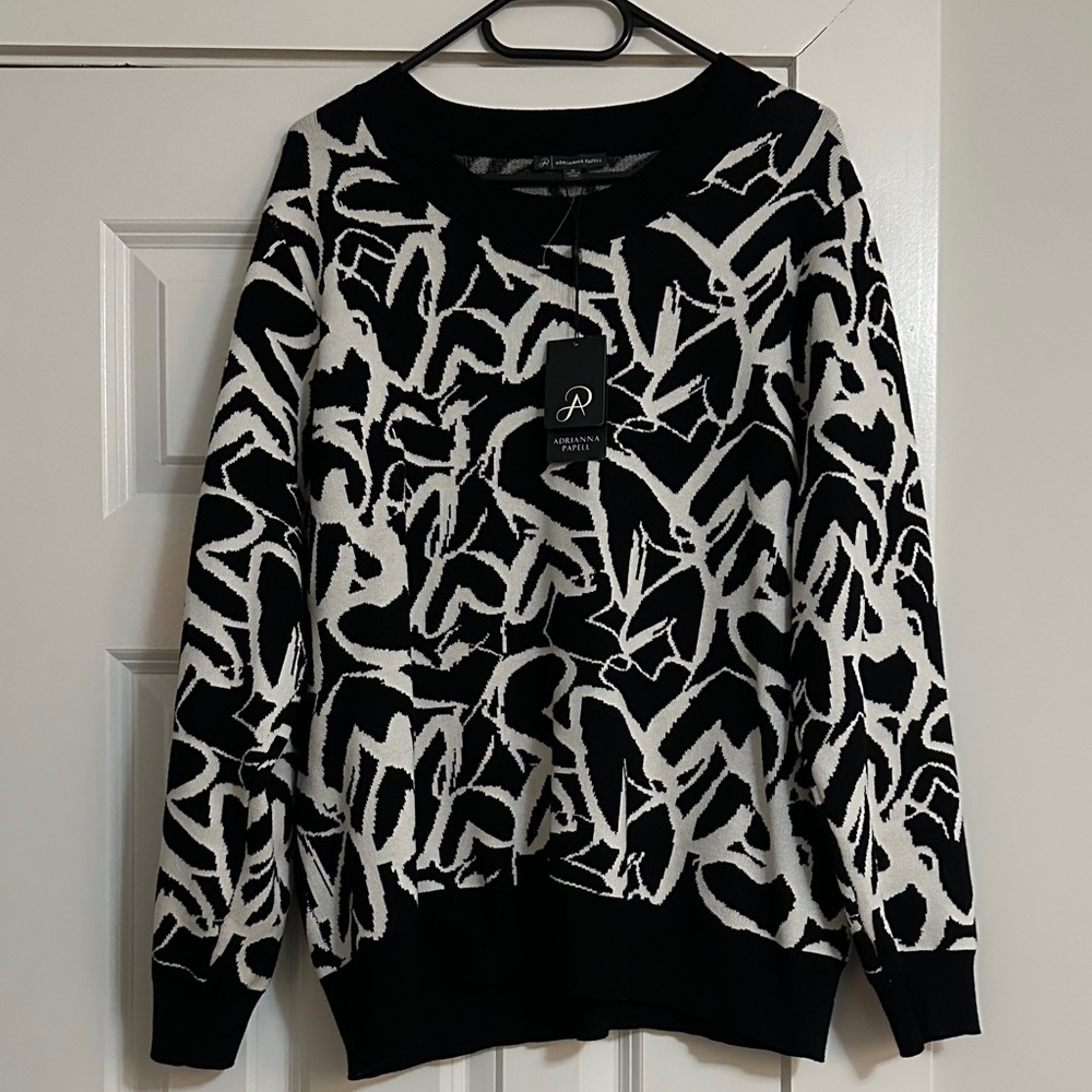 Adrianna Papell Heart Print Sweater Size 1X black white new with tags